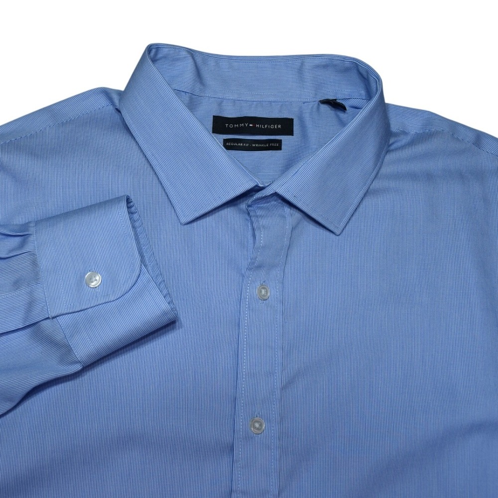 Tommy Hilfiger M 2XL Dress Shirt Blue Stripe Regular Fit Wrinkle Free 18 34/35